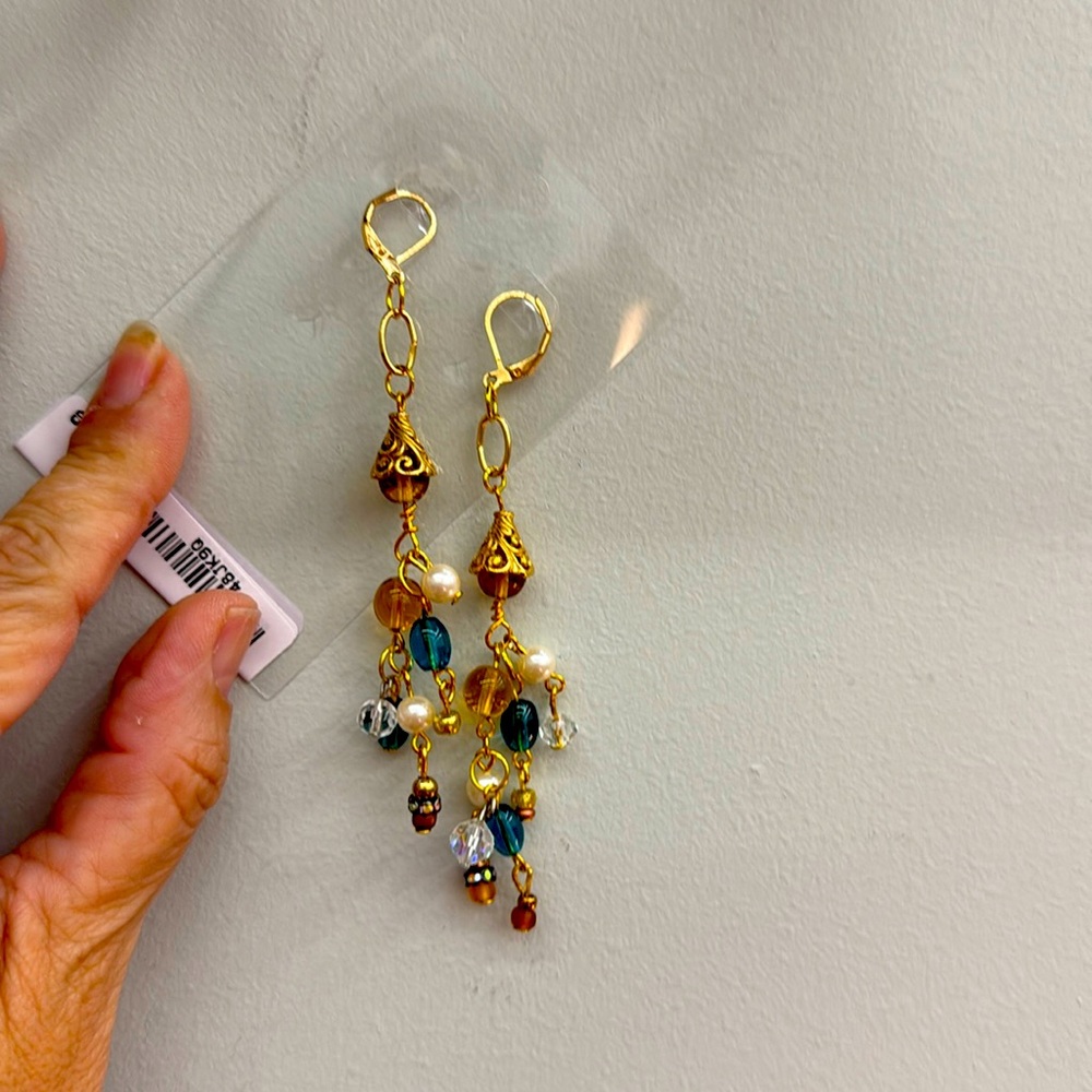 Crystal Pearl Amber Dangly Earrings